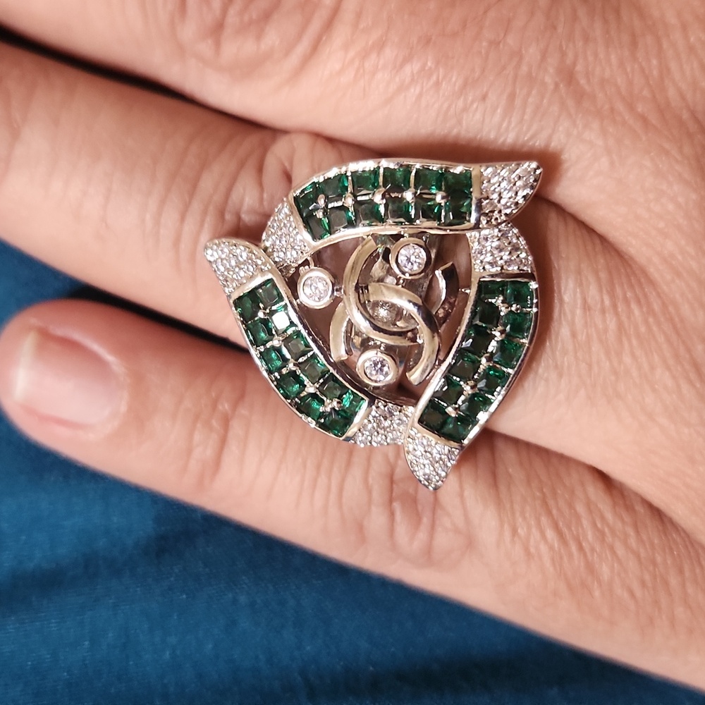 Green Emerald & Cubic Zirconia Adjustable Ring